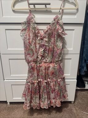 Misa Floral Ruffled Spaghetti Strap Sun Dress - Pink & Green